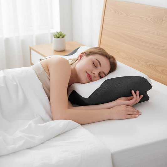 Woman sleeping on AlignaFit Orthopedic Neck Pillow