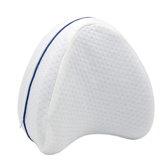 White foam knee pillow with blue stitching on a white background