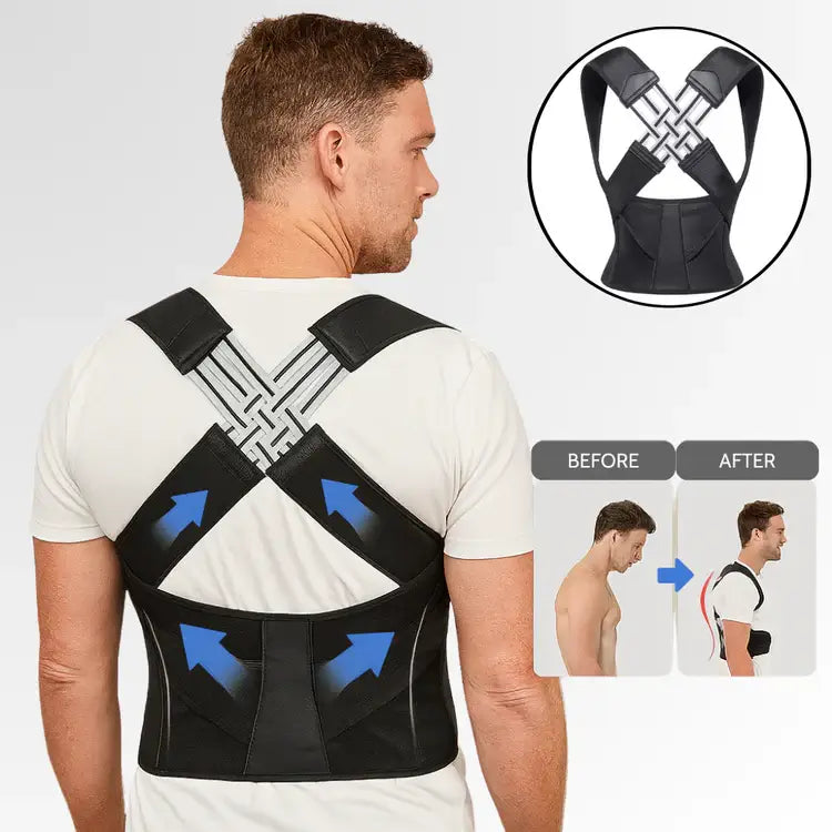 Man wearing AlignaFit posture corrector showing improved posture with shoulder support and back tension relief