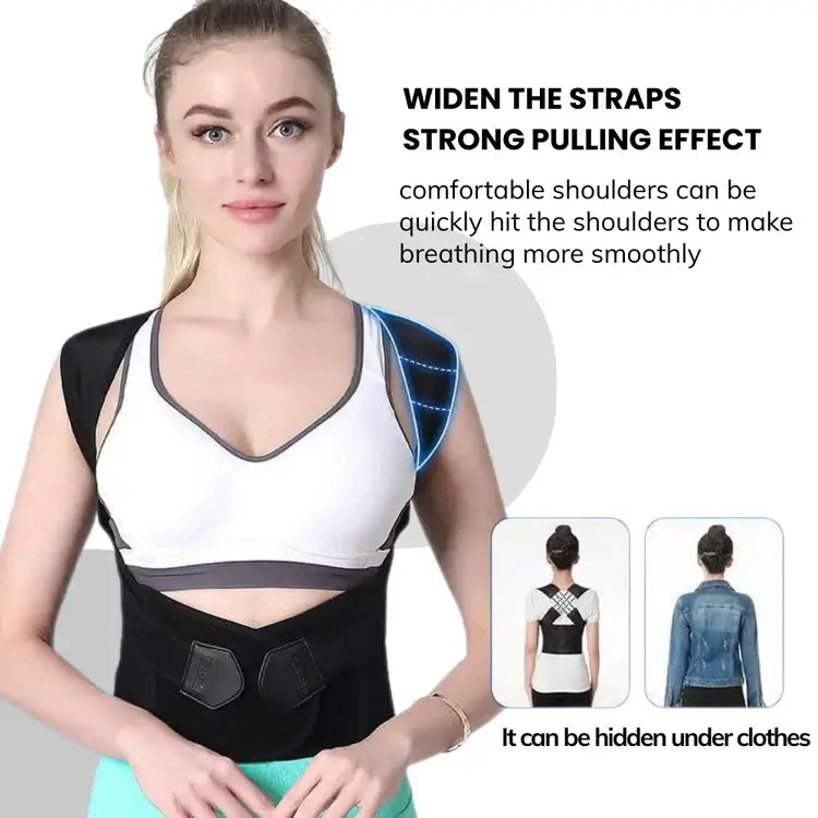 AlignaFit posture corrector worn by woman showing strong strap support and discreet fit under clothes for shoulder and back pain relief