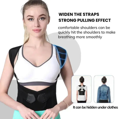 AlignaFit posture corrector worn by woman showing strong strap support and discreet fit under clothes for shoulder and back pain relief