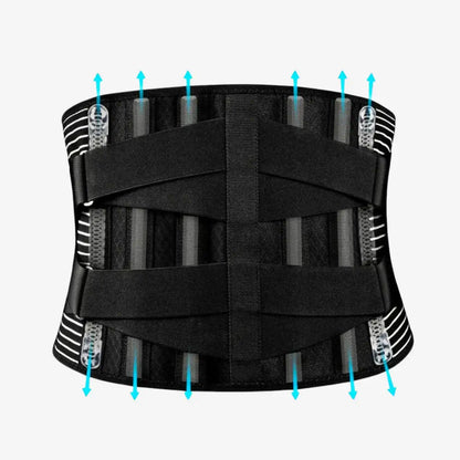 A Diagram of the AlignaFit™ Lower Back Support Brace with multiple straps and blue arrows indicating features on a white background